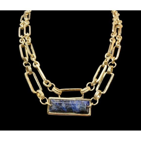 WHBM Double-Layered Gold Tone Necklace Blue Stone Pendant -241 - Picture 2 of 2